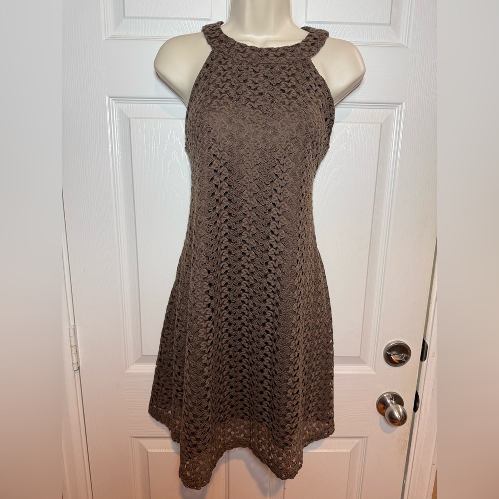 Altar'd State Brown Crochet Lace Halter Dress brown open back boho skater small